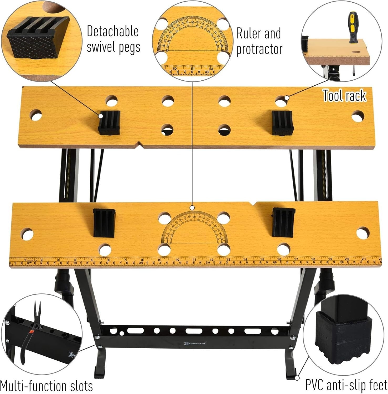 4-in-1 Folding Work Bench Sawhorse Clamp Table w/ Pegs Ruler Portable 100kg