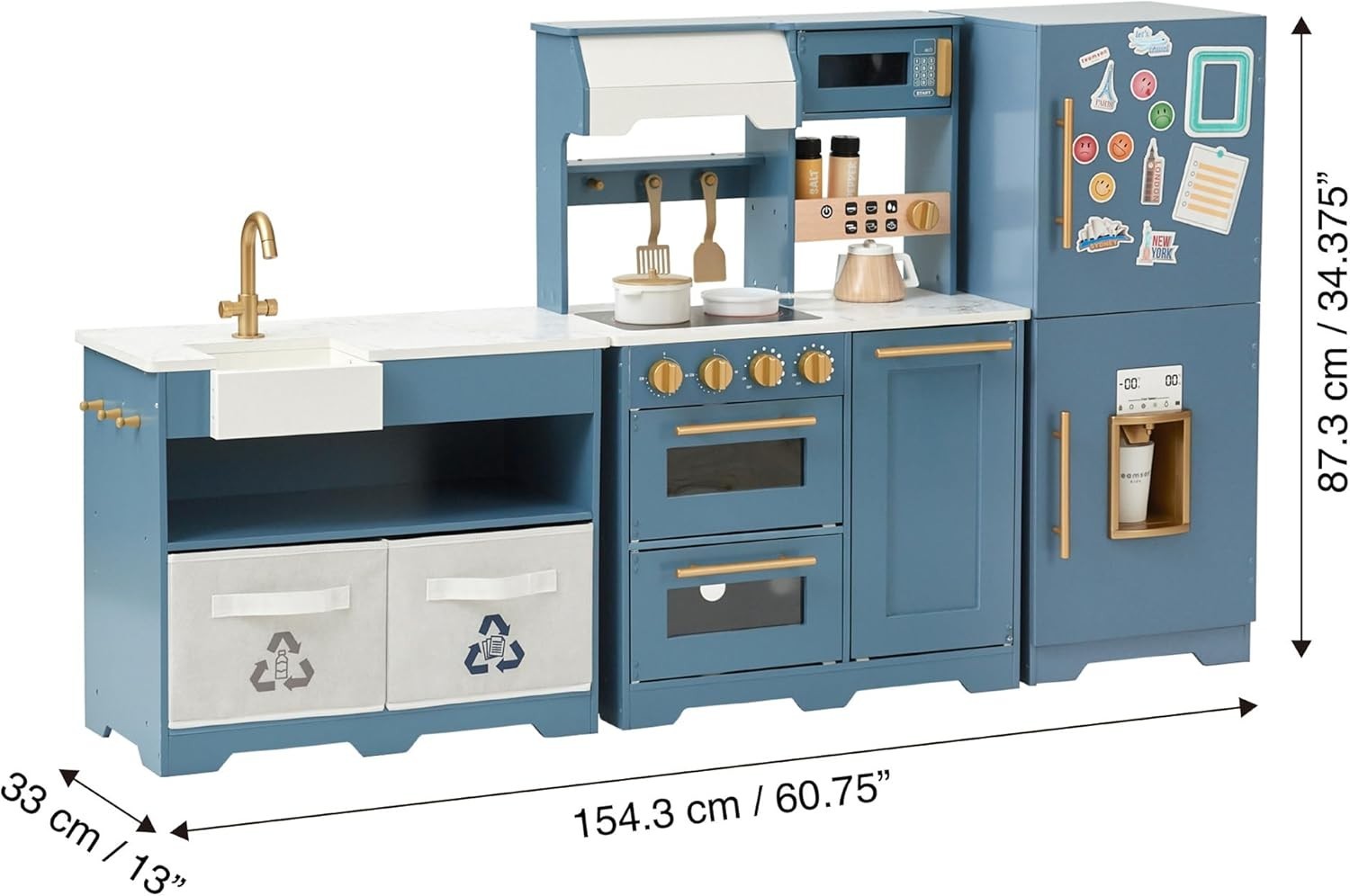 Modular Wooden Kids Play Kitchen Ice Dispenser Blue Toy Set