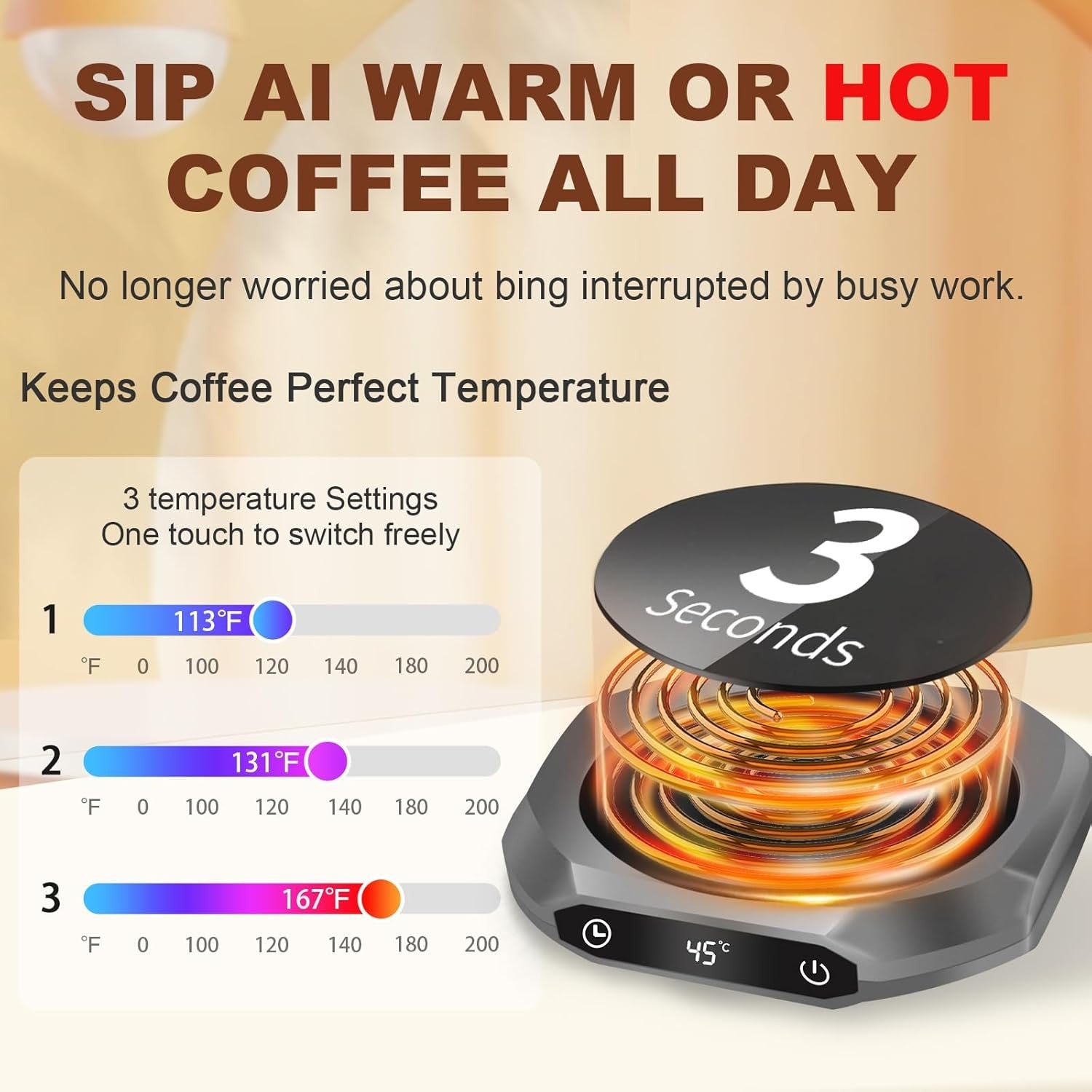 Coffee Mug Warmer 3 Temp Auto Shut Off Desk Heater Grey