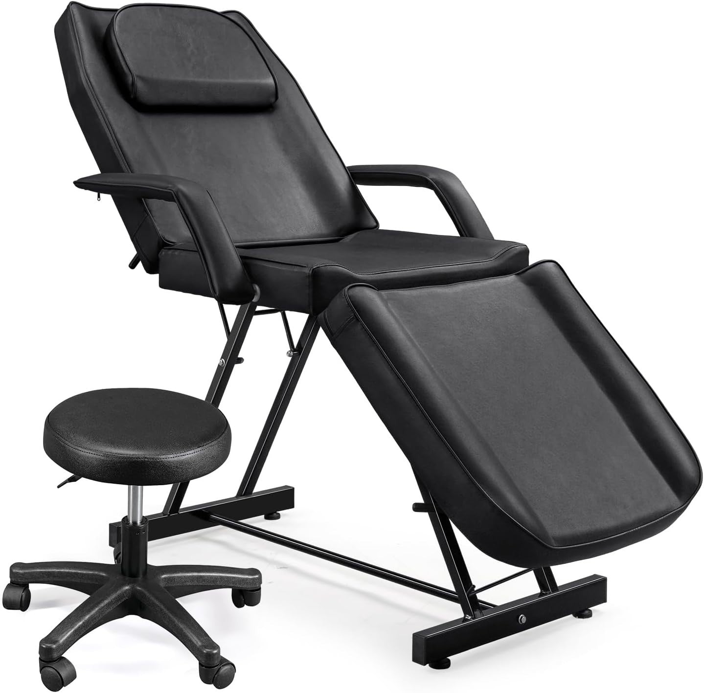 Adjustable 3-Section Massage Table with Stool Spa Facial Tattoo Beauty Bed Black