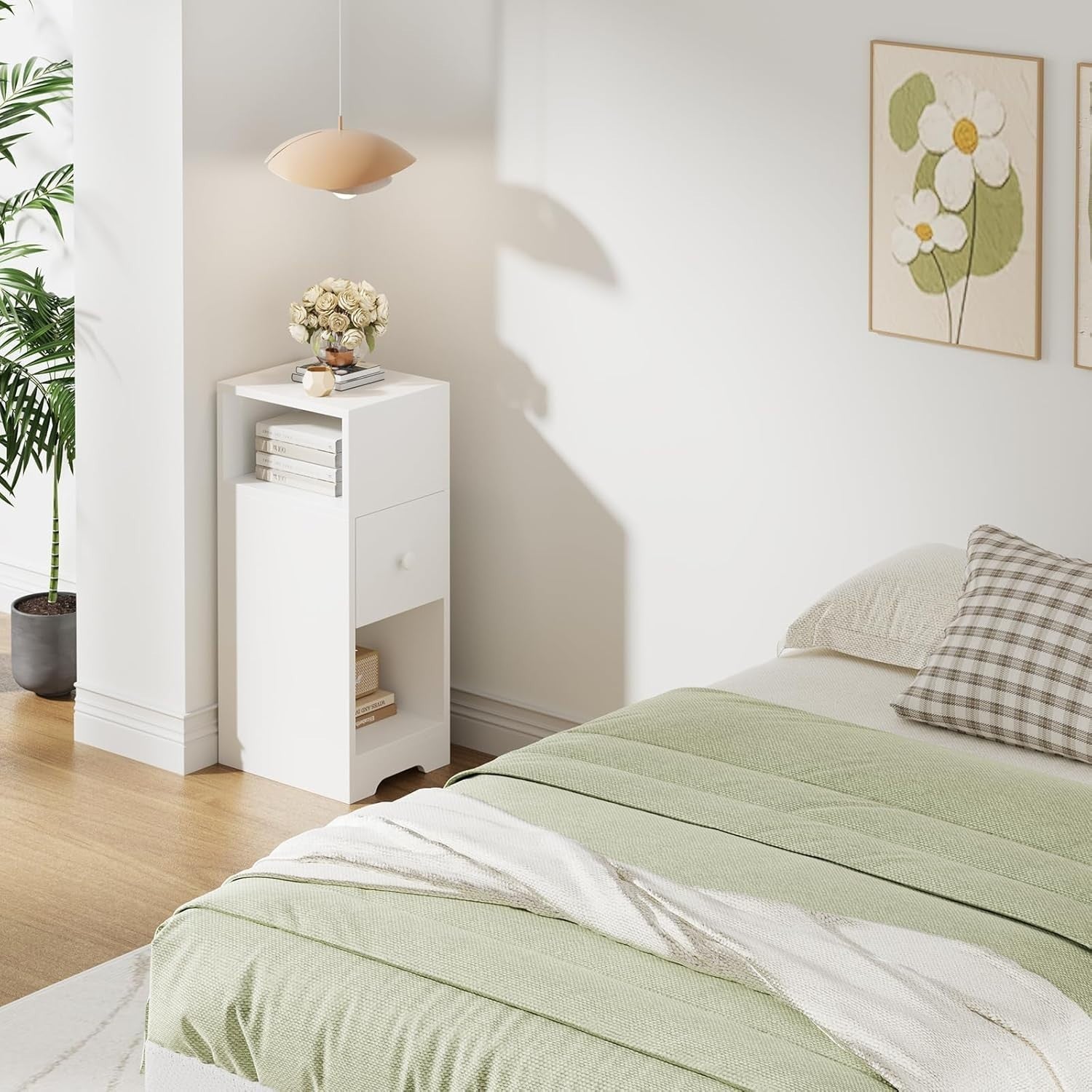 Set of 2 Slim White Bedside Tables with Drawer & Shelves | Modern