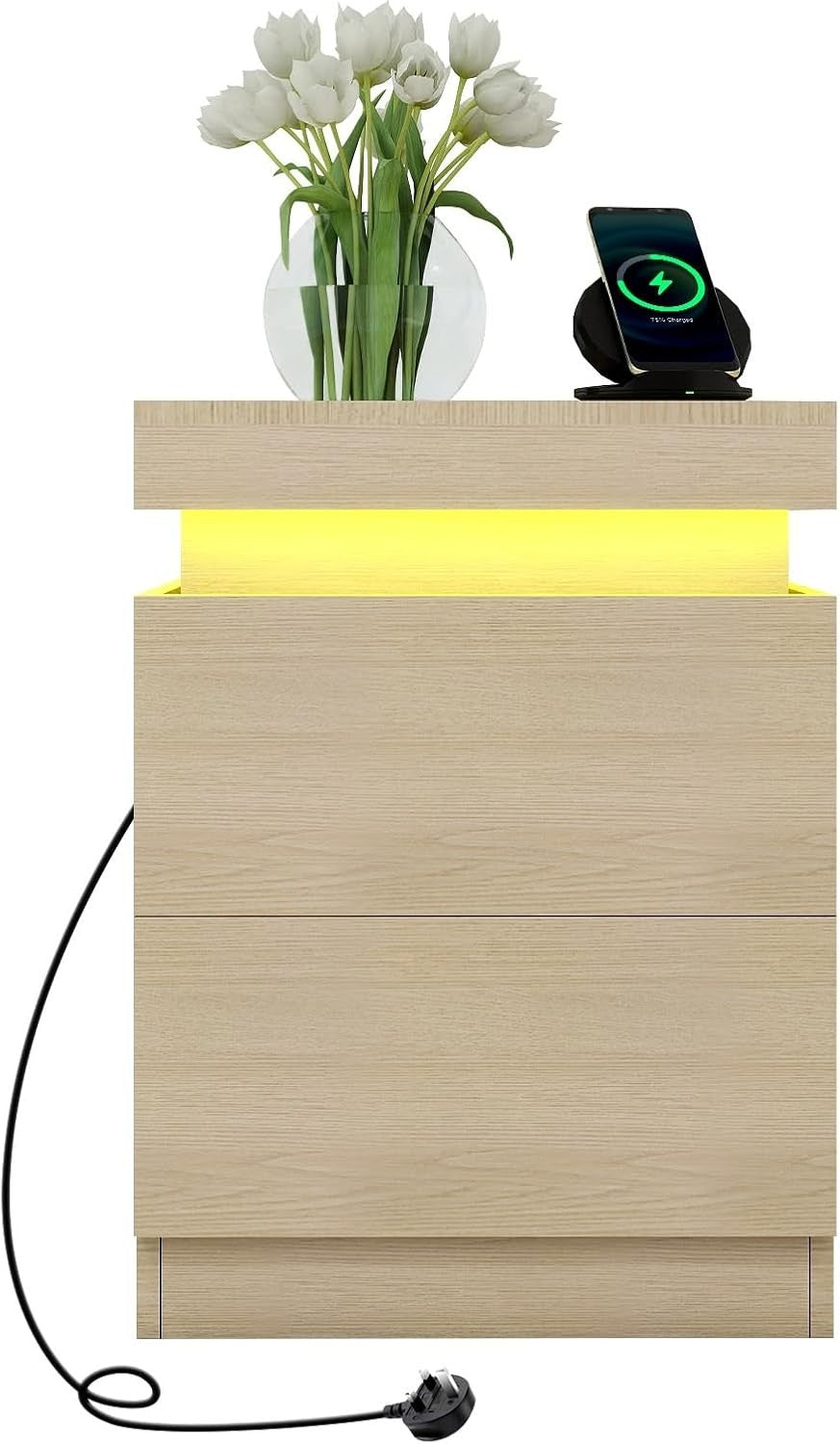 Modern Oak LED Bedside Table with USB Charging, 2 Drawers & Sliding Top Cabinet