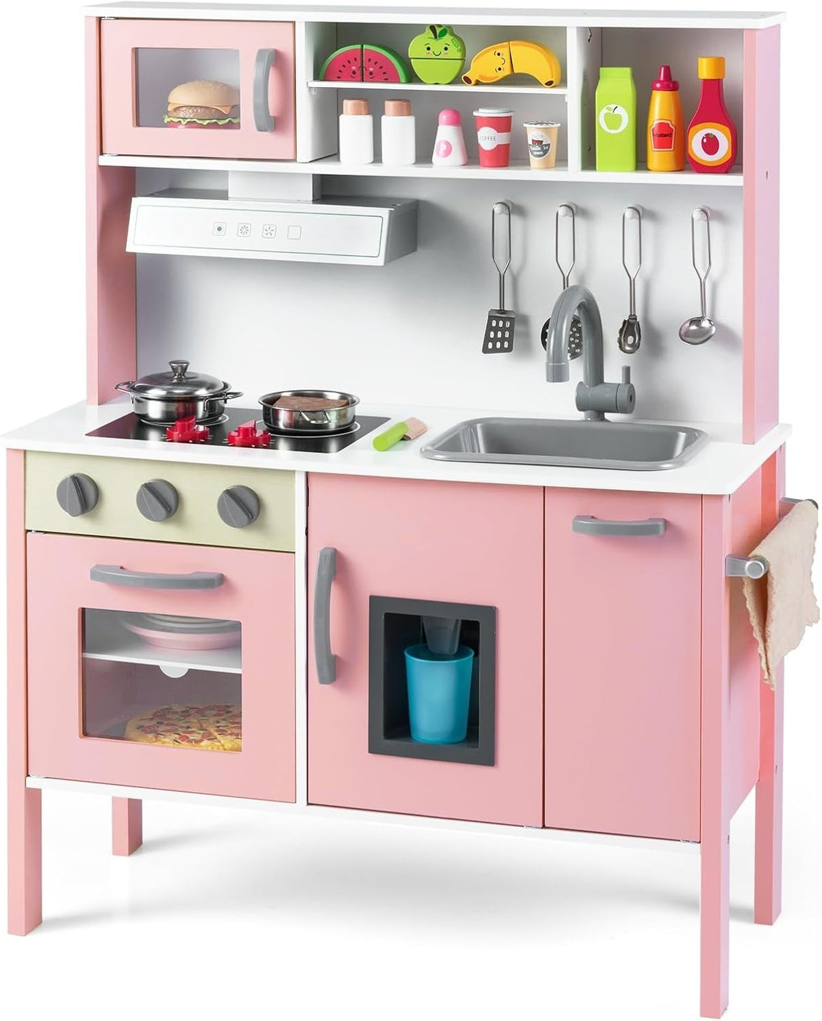 Wooden Kids Play Kitchen Light Pink Toy Set Oven Microwave Sound