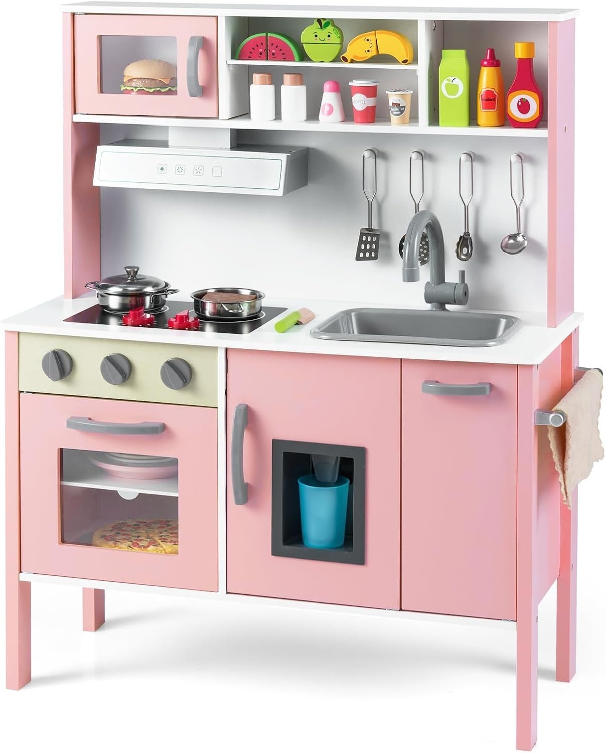 Wooden Kids Play Kitchen Light Pink Toy Set Oven Microwave Sound