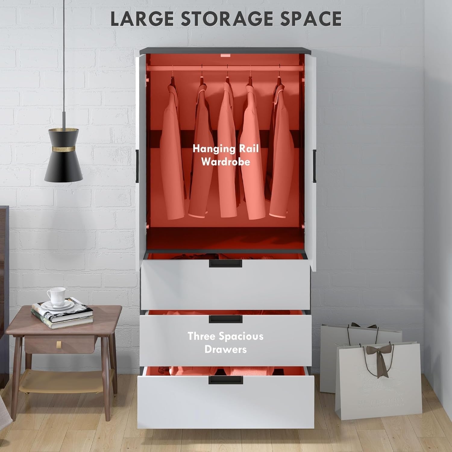 Modern 2 Door Wardrobe with 3 Drawers & Hanging Rod – Scratch Resistant