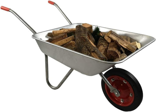 65L Wheelbarrow Silver – Galvanised Metal w/ Solid Tyre Durable Garden 60kg