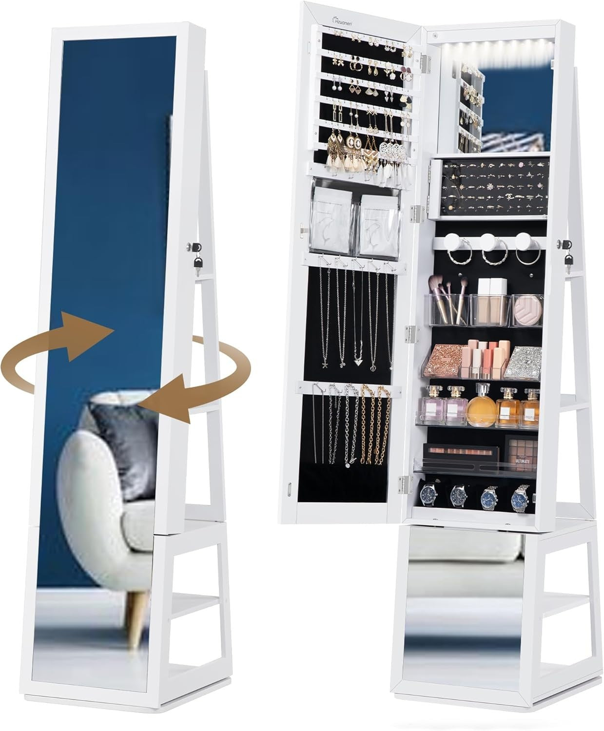 360° Rotating Mirror Jewelry Cabinet Lockable Full Length Storage