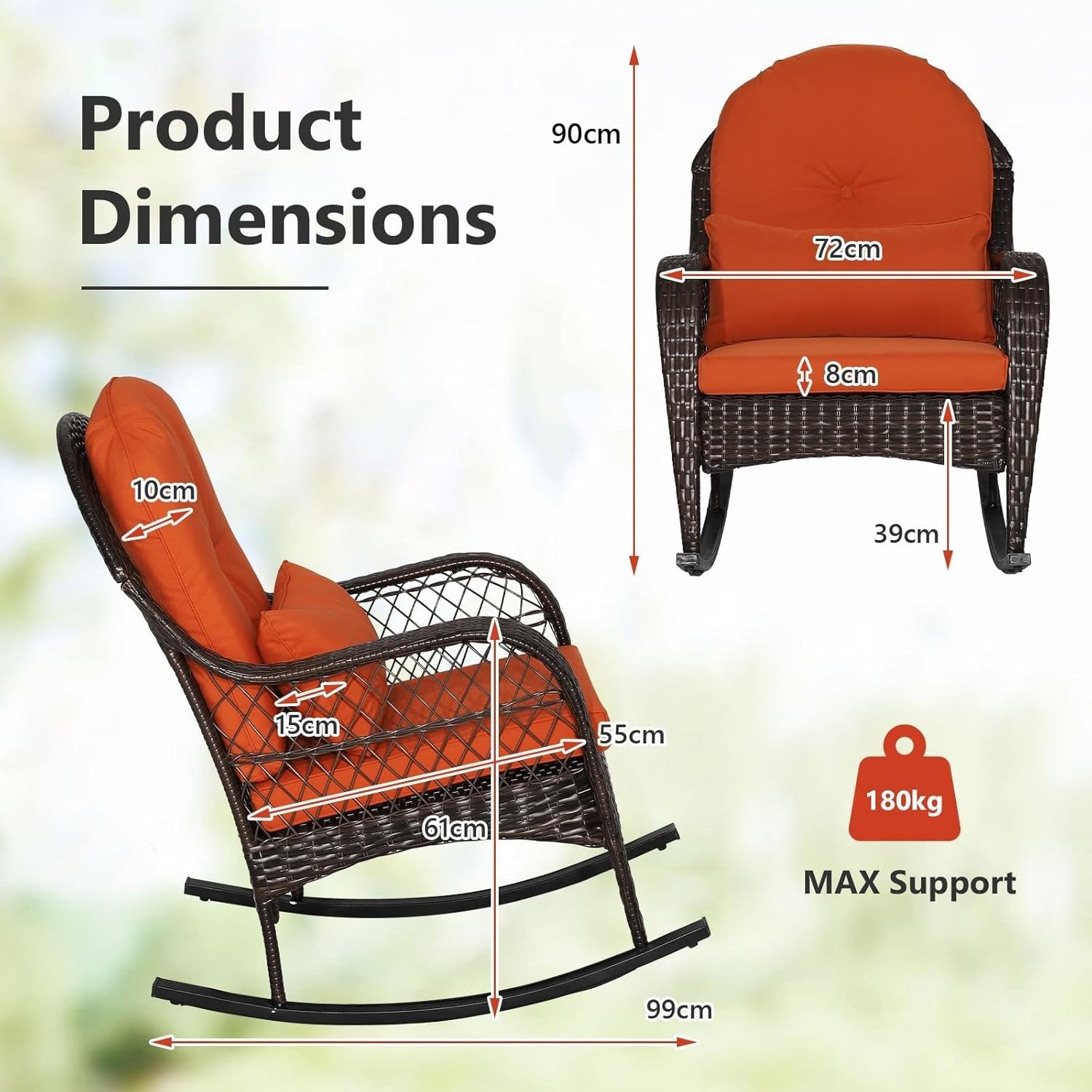 Rattan Rocking Chair Outdoor Garden Patio Seat W/Cushion & Lumbar Pillow
