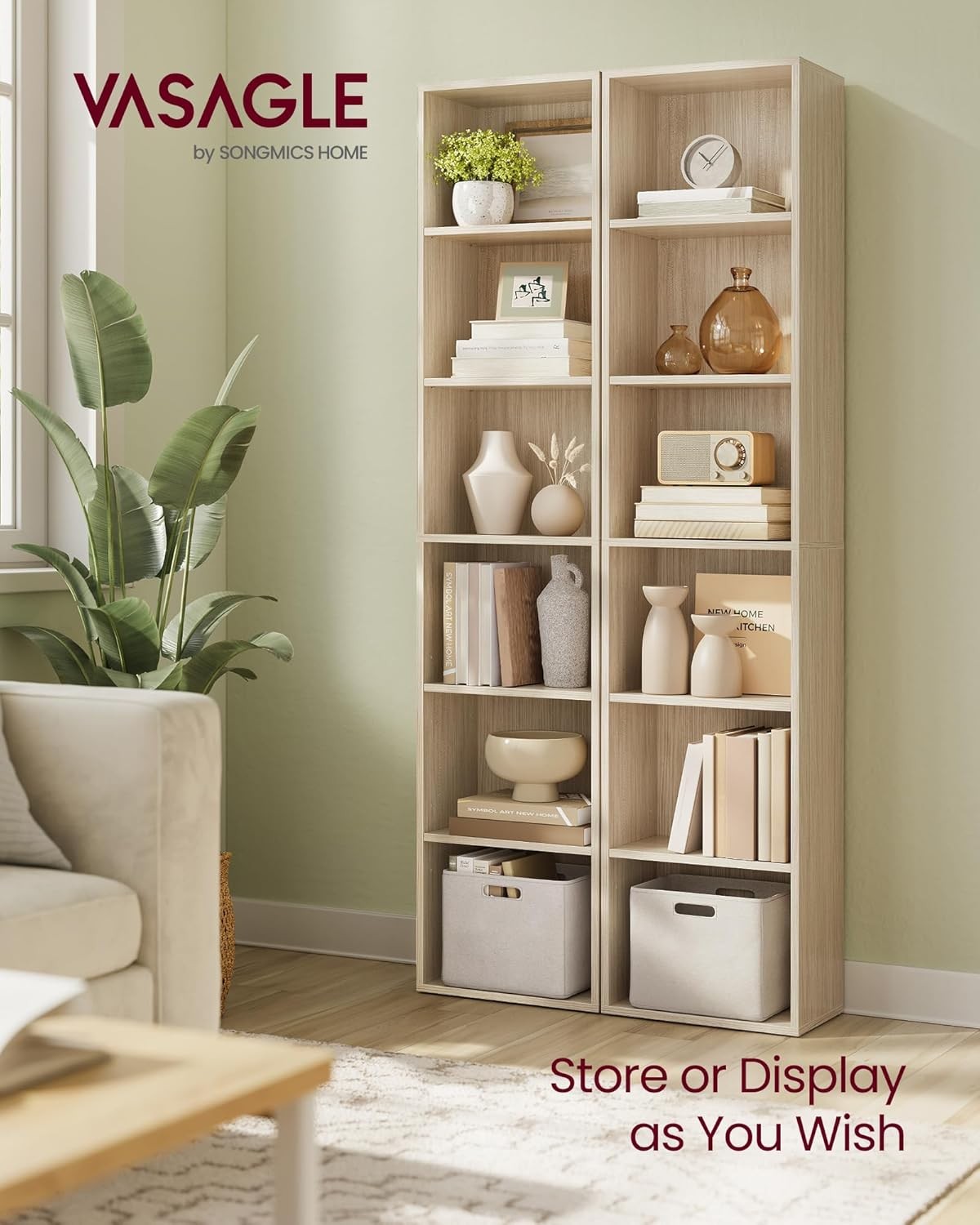 6-Tier Tall Bookcase with Drawer, Space-Saving Storage Shelf Unit for Home