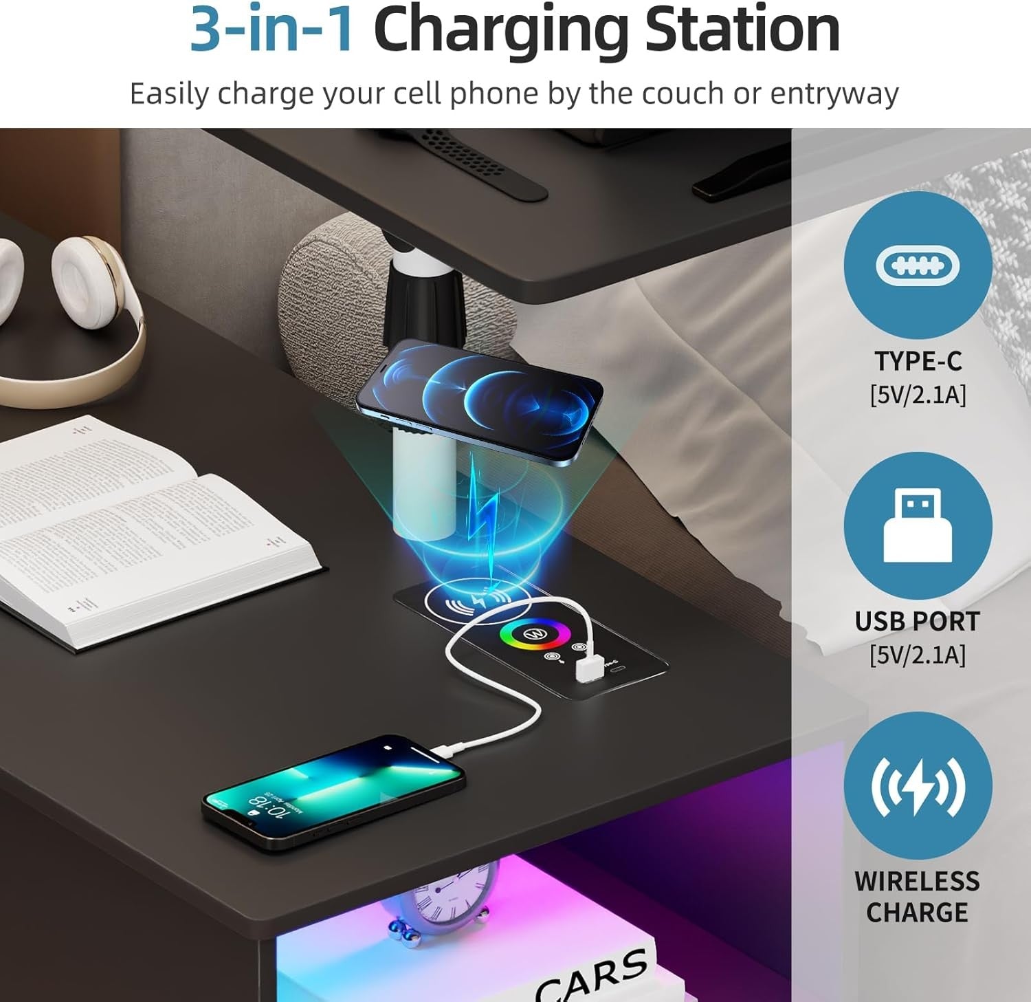 360° LED Smart Bedside Table with Laptop Tray, Wireless Charging & Storage