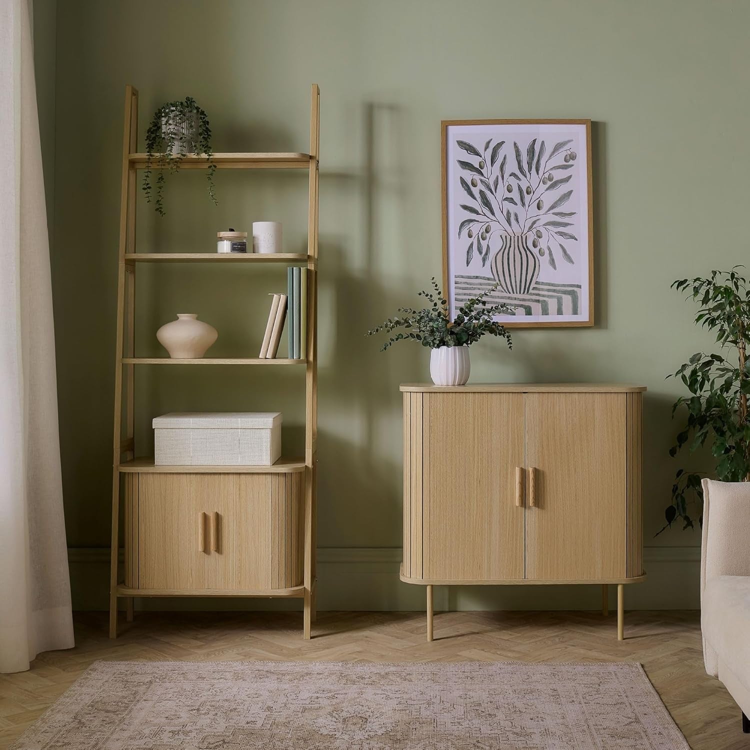 Modern Scandinavian Tambour Sideboard Cabinet with Sliding Doors & Shelves