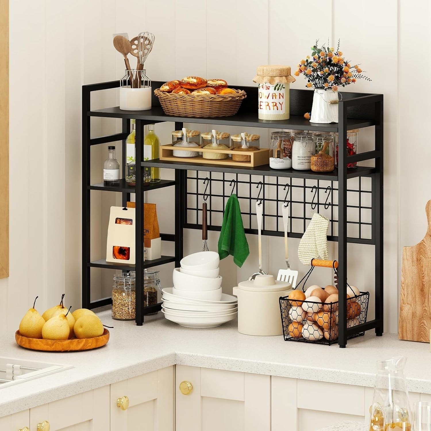 37" Desk Hutch Shelf with Grid Panel | 4-Tier Desktop Organizer Rack + Hooks