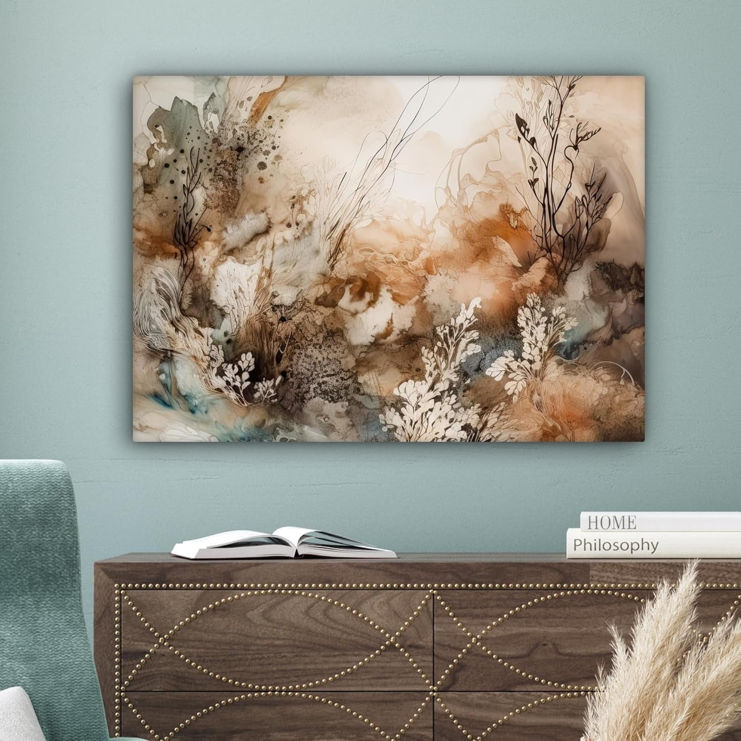 Abstract Floral Canvas Wall Art Beige Nature Flowers 80x60cm Living Room Decor