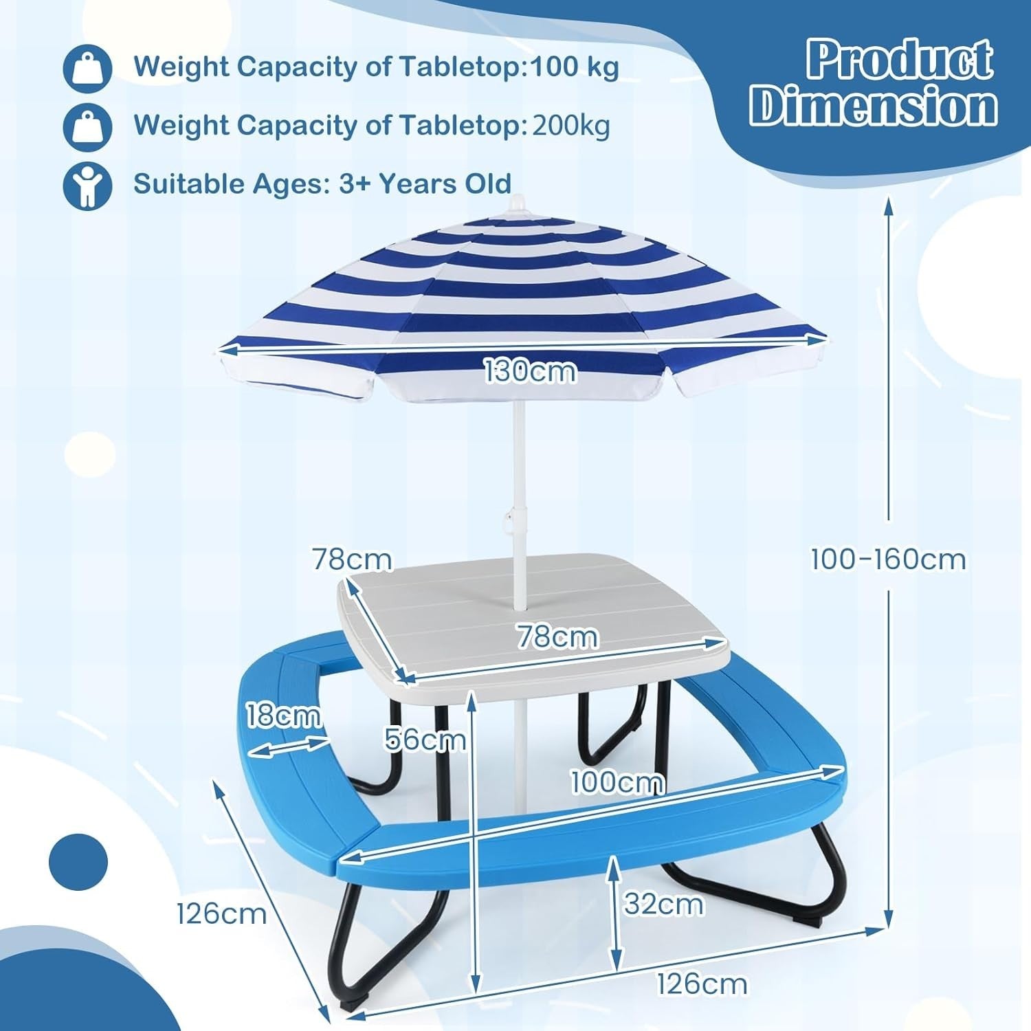 Kids Picnic Table & 8-Seat Bench Set with Adjustable Umbrella Outdoor Indoor