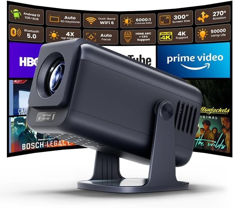 Smart Mini Projector 1080P 4K WiFi 6 Netflix YouTube Auto Focus