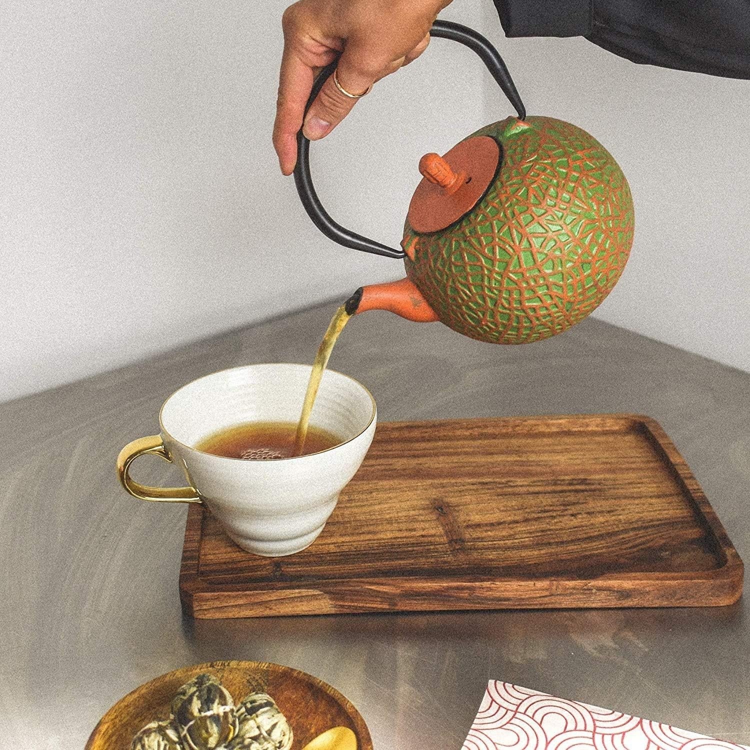 Cast Iron Teapot 800ml Tetsubin Tea Pot w/ Infuser Orange Green
