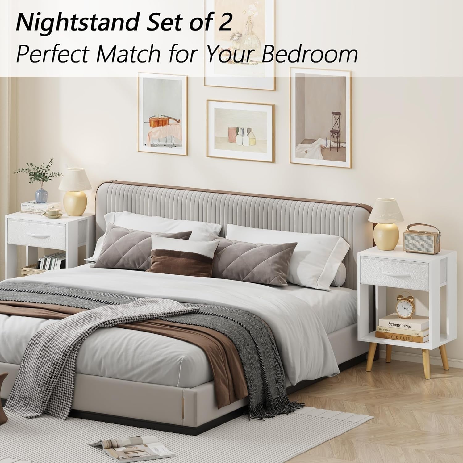 2x White Bedside Tables with Drawer & Shelf – Modern Wooden Nightstands