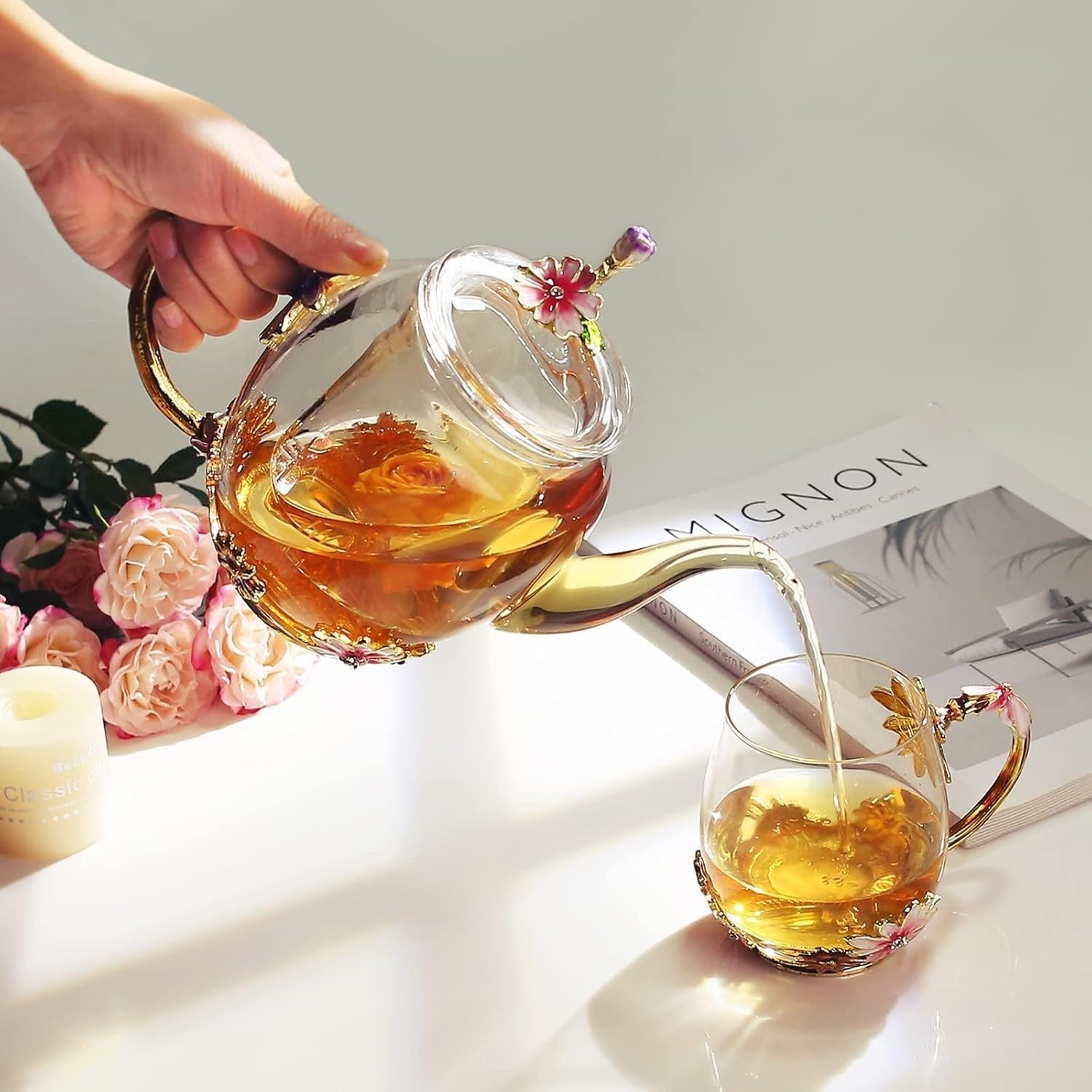 Glass Flower Teapot 35oz Tea Maker with Infuser Floral Gift for Women