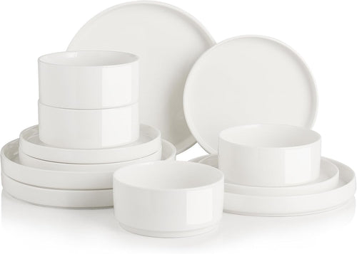 12pc Porcelain Dinnerware Set White Plates Bowls Microwave Dishwasher
