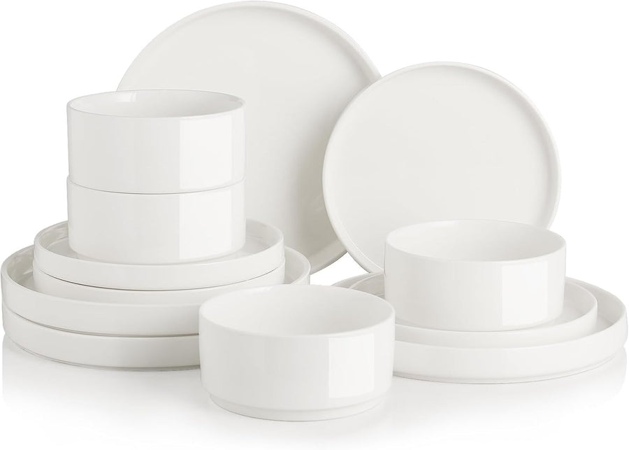 12pc Porcelain Dinnerware Set White Plates Bowls Microwave Dishwasher