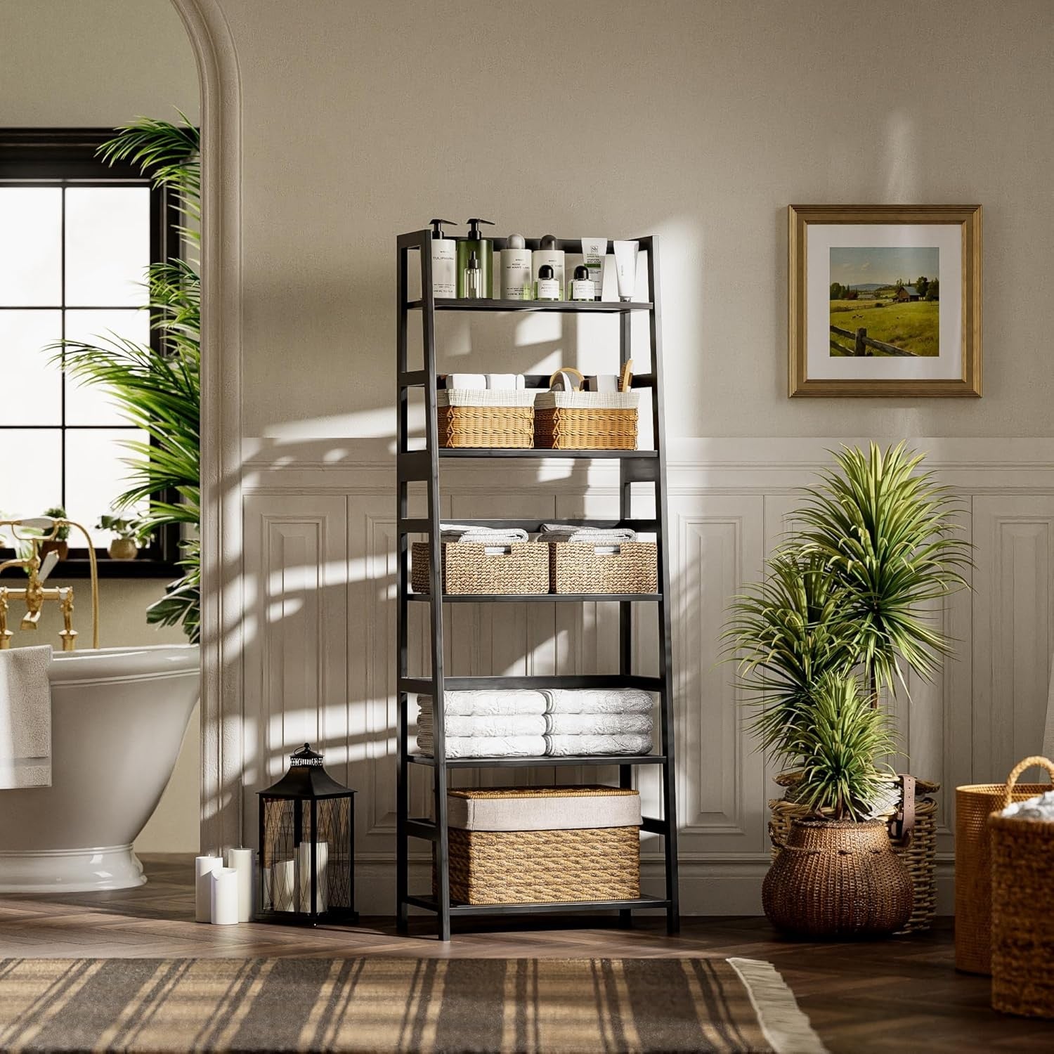 Black 5-Tier Bamboo Ladder Bookcase, Heavy Duty Tall Display Storage Shelf