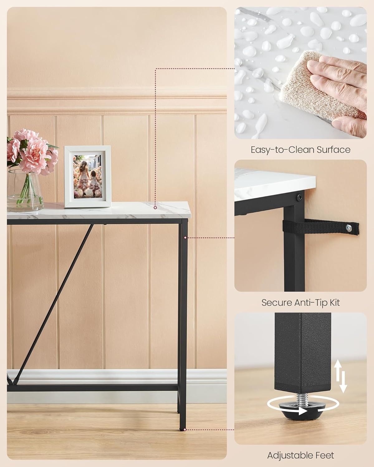 White Marble Slim Console Table Narrow Hallway Sofa Table 120cm Modern Metal