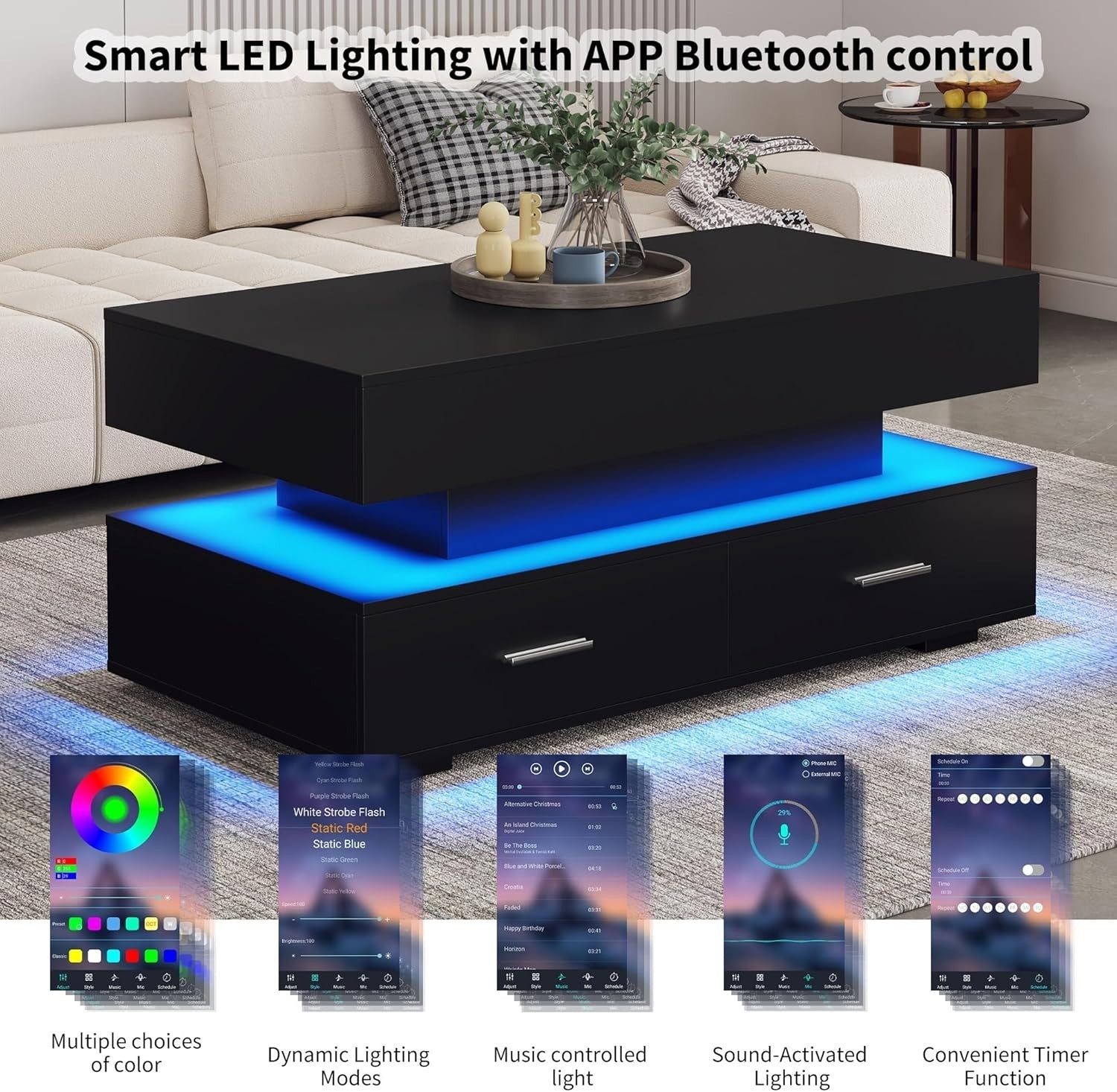 Modern LED Lift Top Coffee Table with Storage & Drawers, Adjustable Height