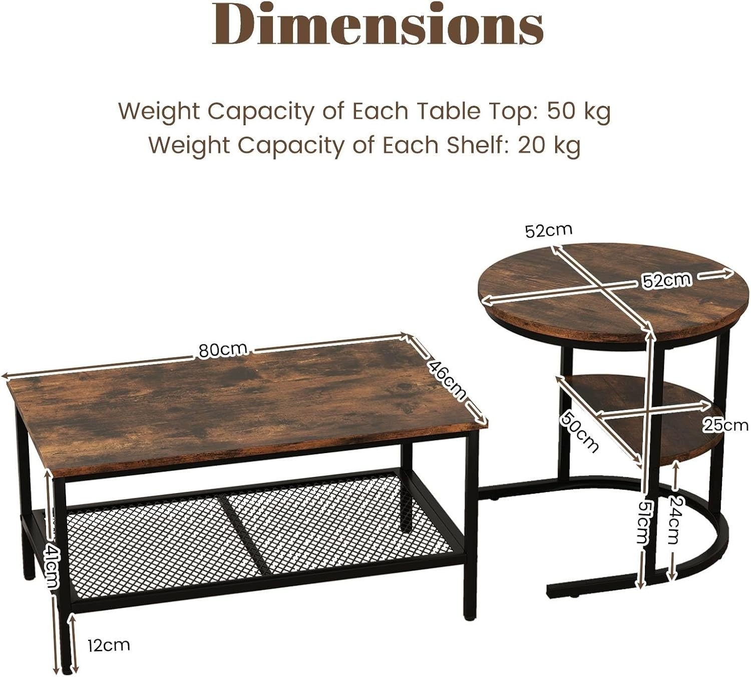 2-in-1 Coffee Table Set Large Round Side Table Rustic Industrial Metal Wood