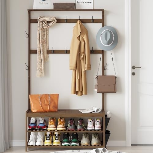 Brown Bamboo Hall Tree Coat Rack Shoe Bench with Shelves & Hooks 100x40x180cm