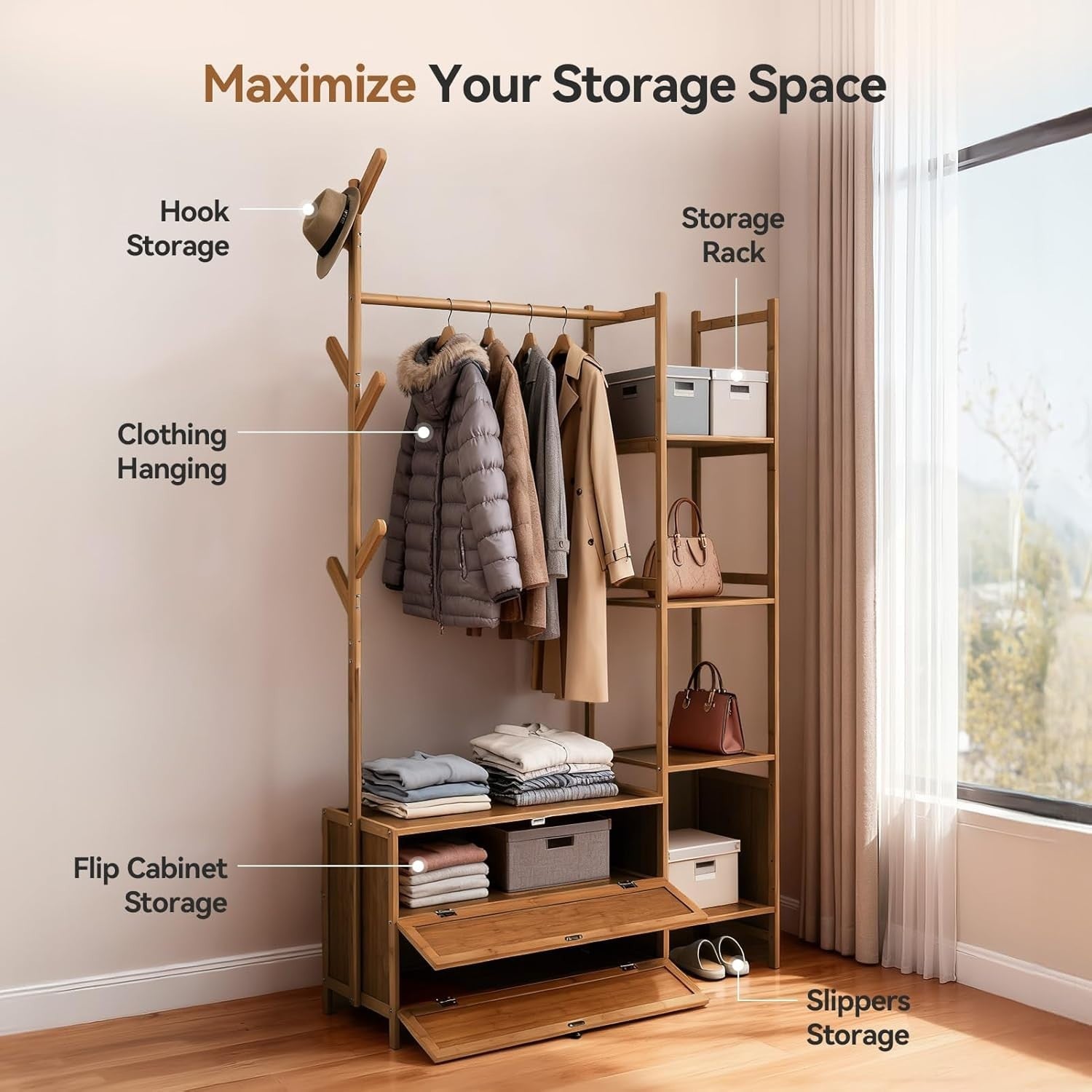 Bamboo Clothes Rail with Shelves & Hooks, Tea Wardrobe