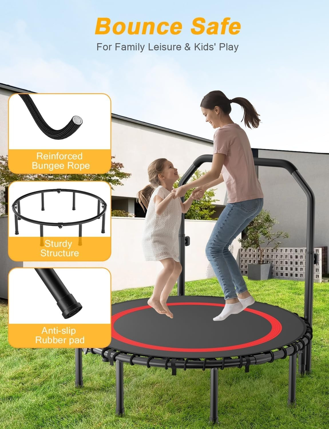 48” Foldable Fitness Trampoline Indoor Rebounder w Adjustable Handle 200KG