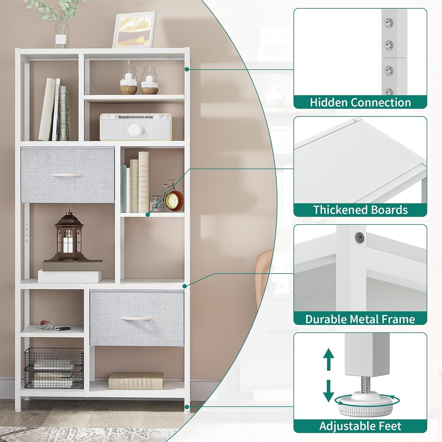 White 7-Tier Industrial Bookshelf with Drawers, Tall Storage Display Unit