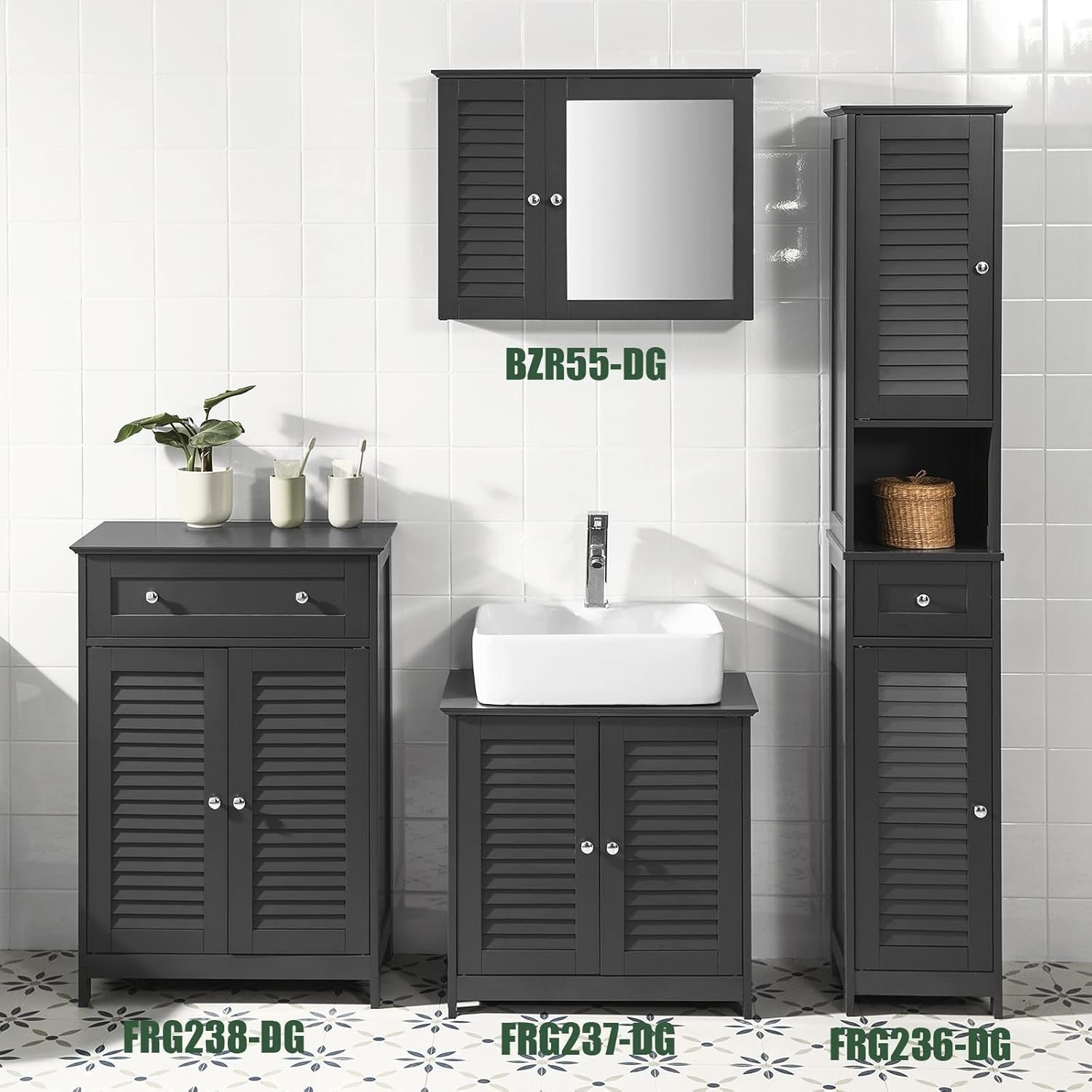 Dark Grey Under Sink Bathroom Cabinet – Louvered Door Storage Unit 60x35x58cm