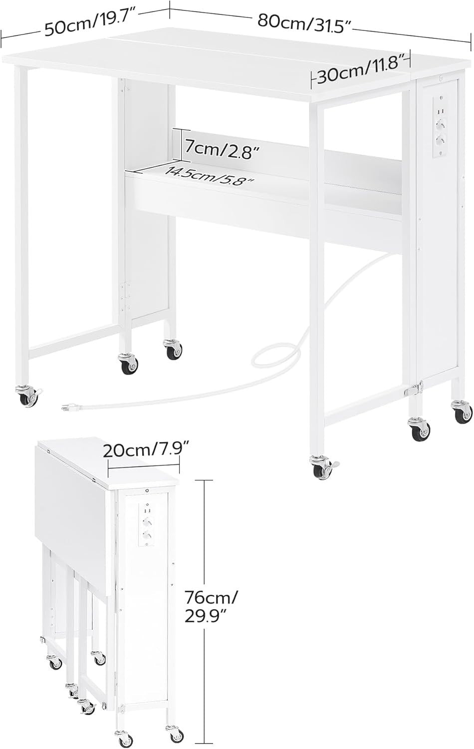 White Folding Computer Desk with Charging Ports & Wheels 80x50cm