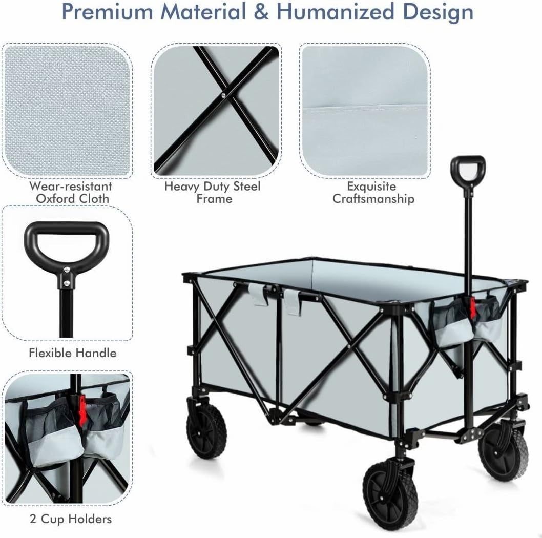 Grey Foldable Wagon Cart Collapsible Garden Trailer w/ Adjustable Handle