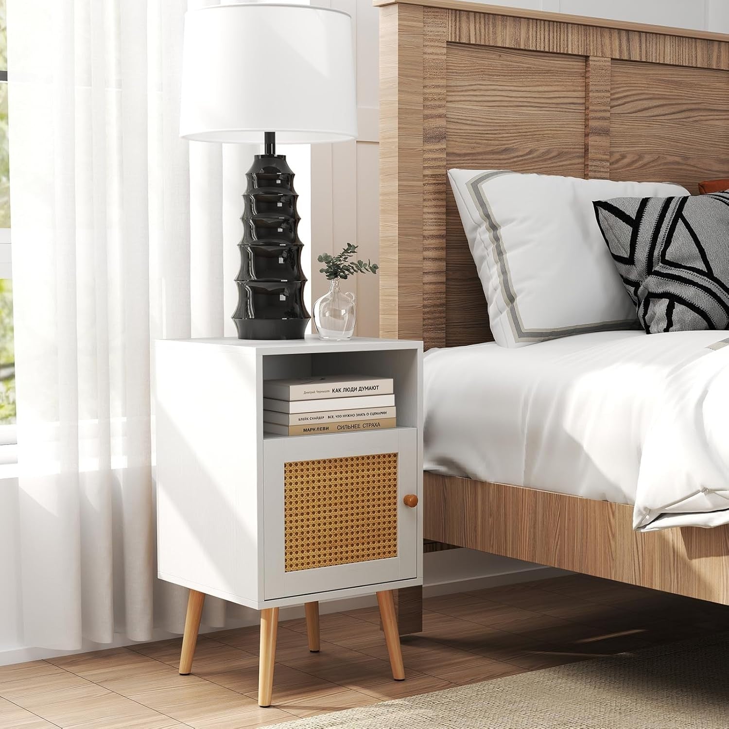 Set of 2 White & Natural Bedside Tables with Rattan Door | Modern Nightstands