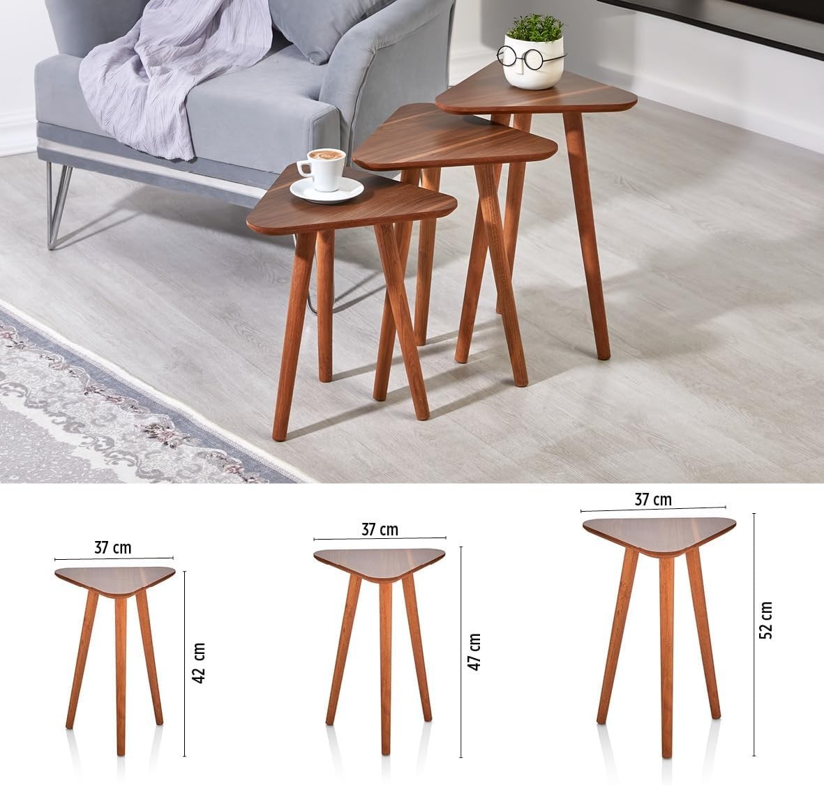 Brown Wood Nesting Coffee Table Set of 3 Side End Tables Living Room Furniture