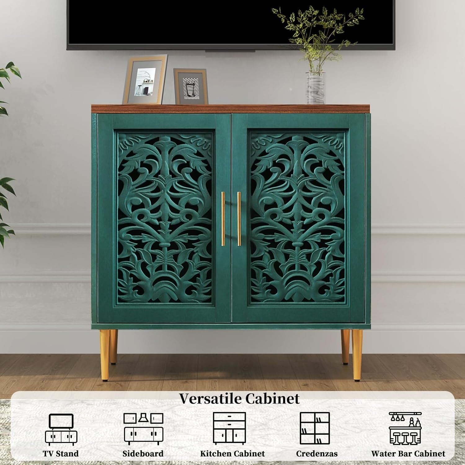 Green Vintage Sideboard Cabinet 2 Door Carved Storage Unit Hallway Accent