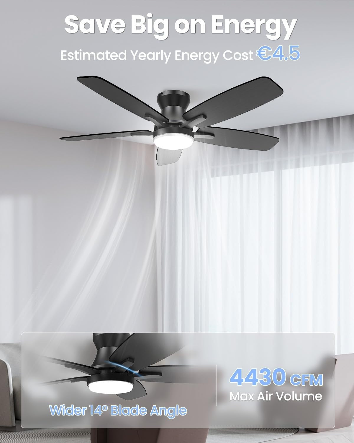 106CM Ceiling Fan Light, 6 Speeds, Reversible DC Motor, LED, Remote, Black/Wood