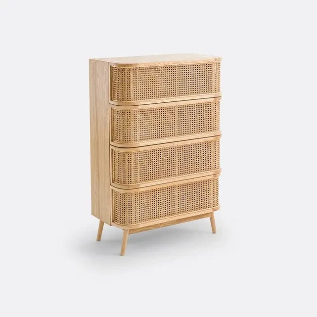 Rattan Chest of Drawers 4 Tall Storage Cabinet Solid Wood Cane Unit 80cm