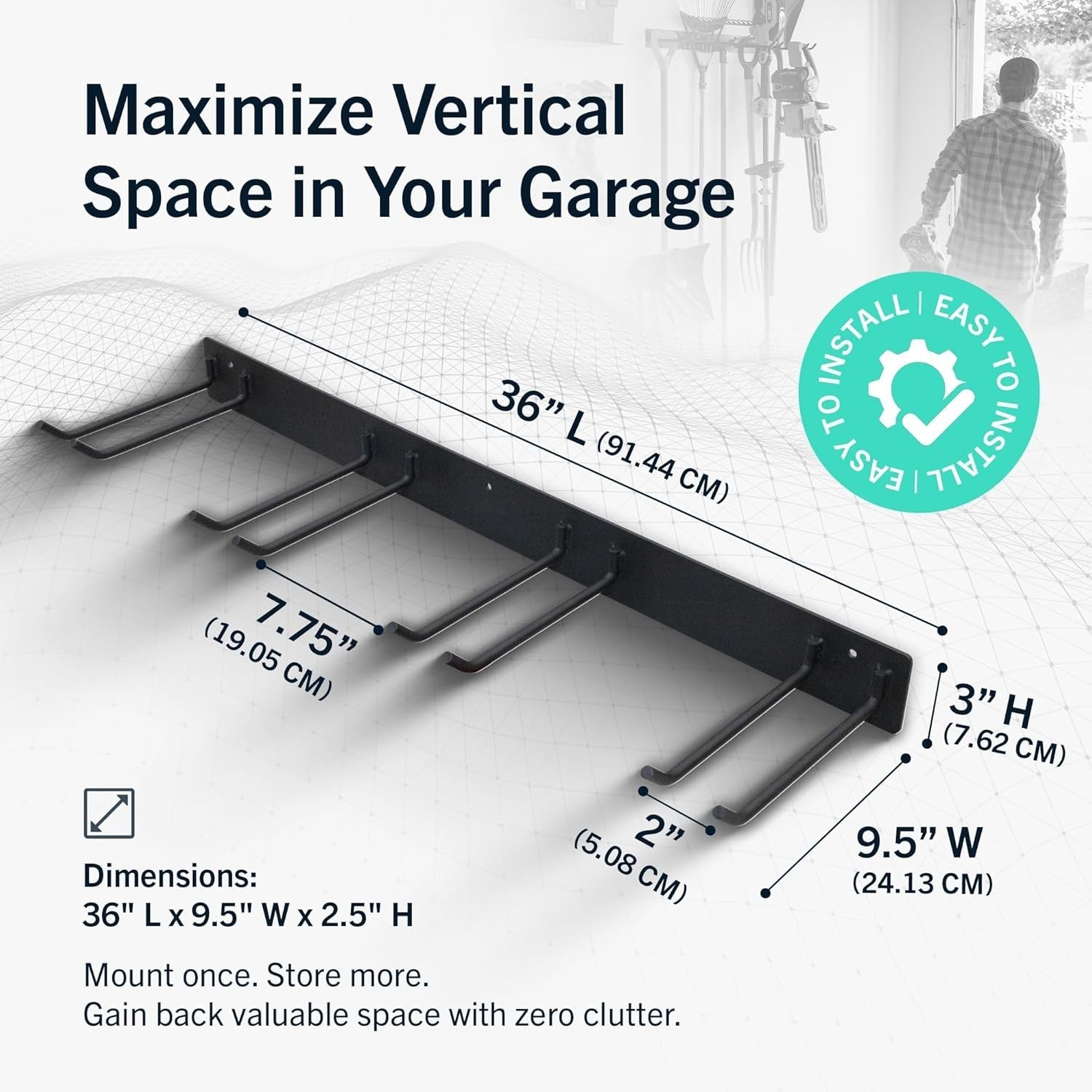 Wall-Mounted Garage Tool Rack 4 Hooks Heavy Duty Steel Black 91x29cm