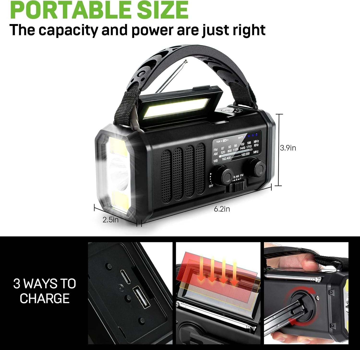 Emergency Weather Radio 10000mAh Solar, Hand Crank, AM/FM, Flashlight