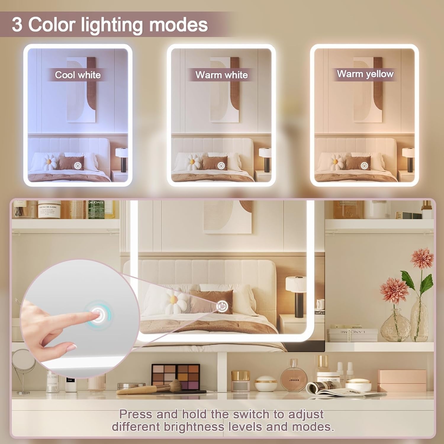 White Dressing Table Set with Lighted Mirror Desk Storage Drawers Modern Makeup