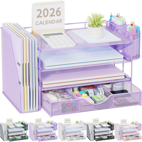 4-Tier Desk Organizer Metal Mesh File Holder Drawer Pen Storage