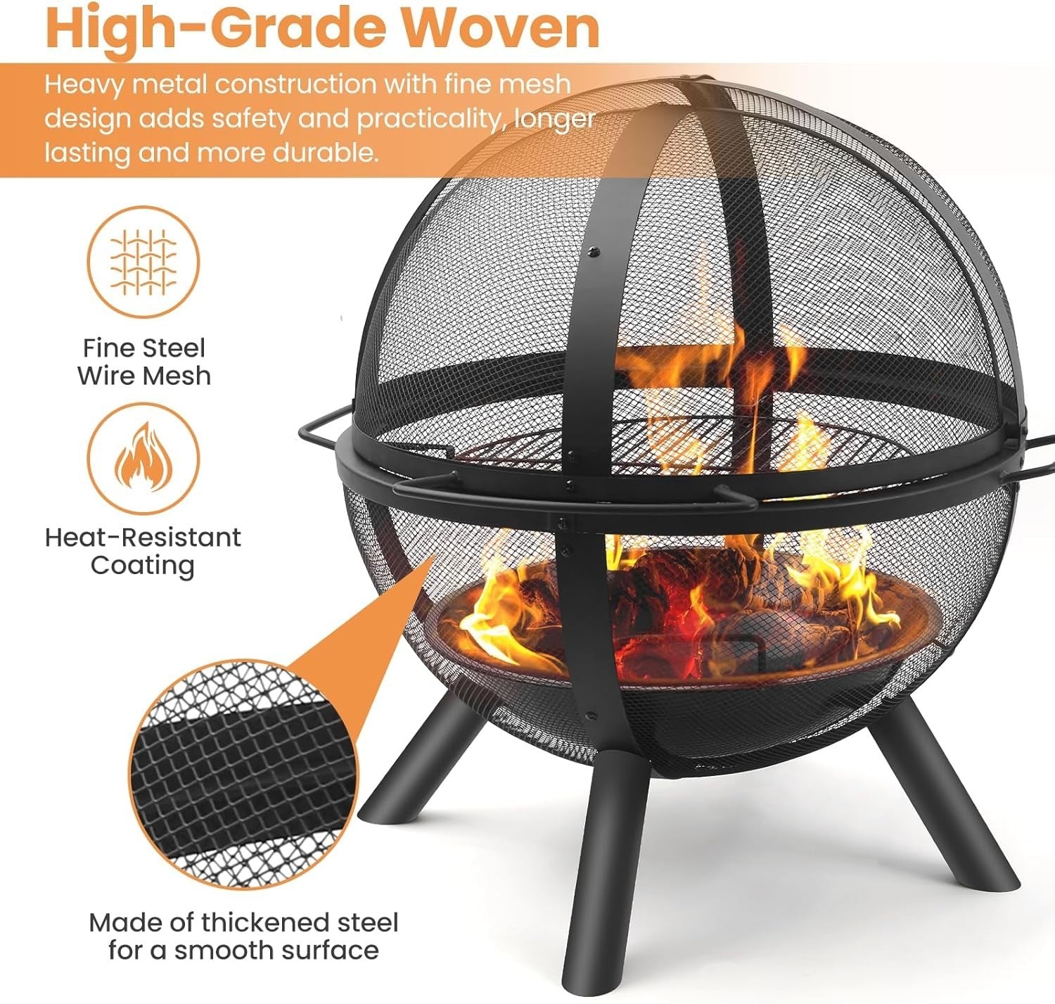 Outdoor Fire Pit BBQ Grill Globe Ball Fire Bowl with Mesh Cover | Large 86cm