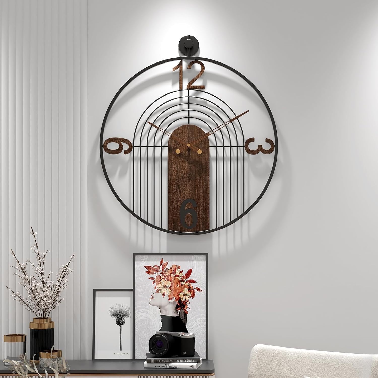 Luxury Silent 70CM Wall Clock Walnut Wood Metal Modern Decor Home Gift