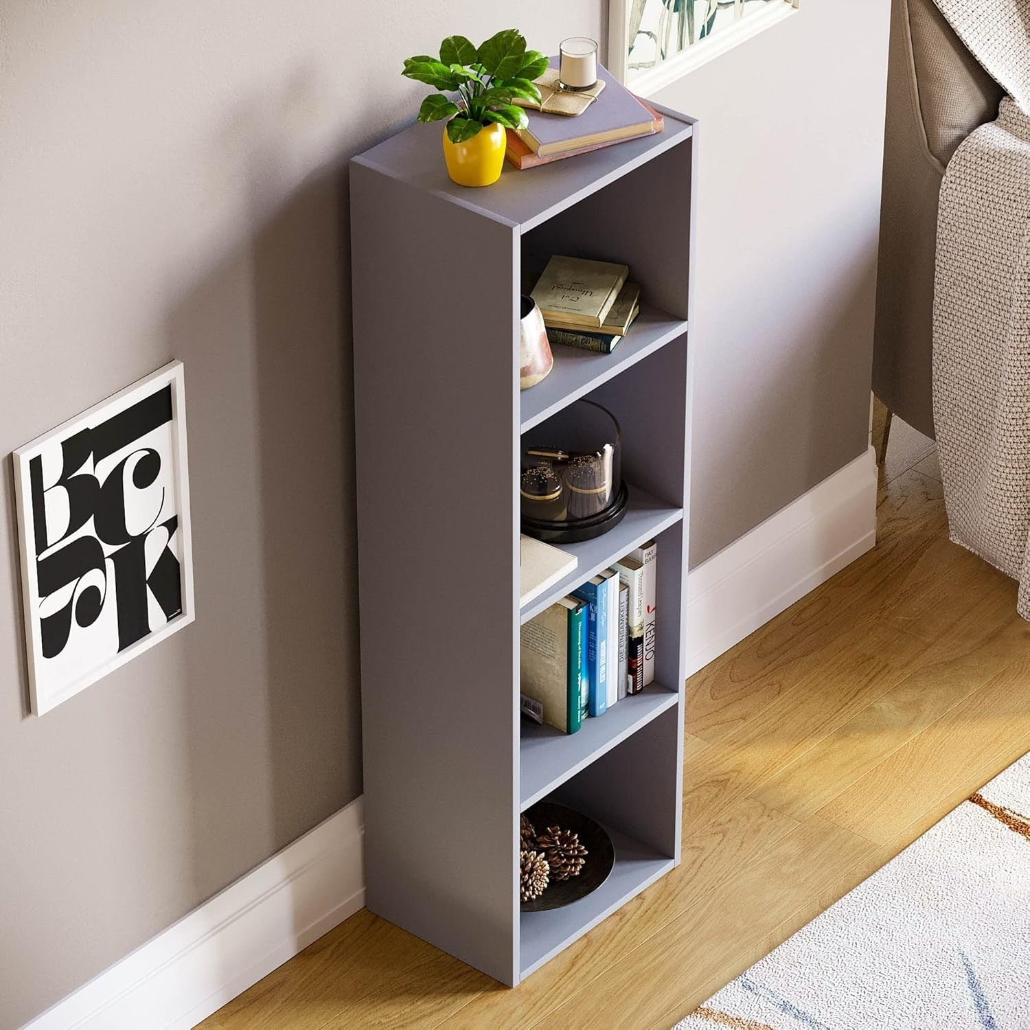 4 Tier Grey Wooden Cube Bookcase Small Storage Shelf for Living Room Office