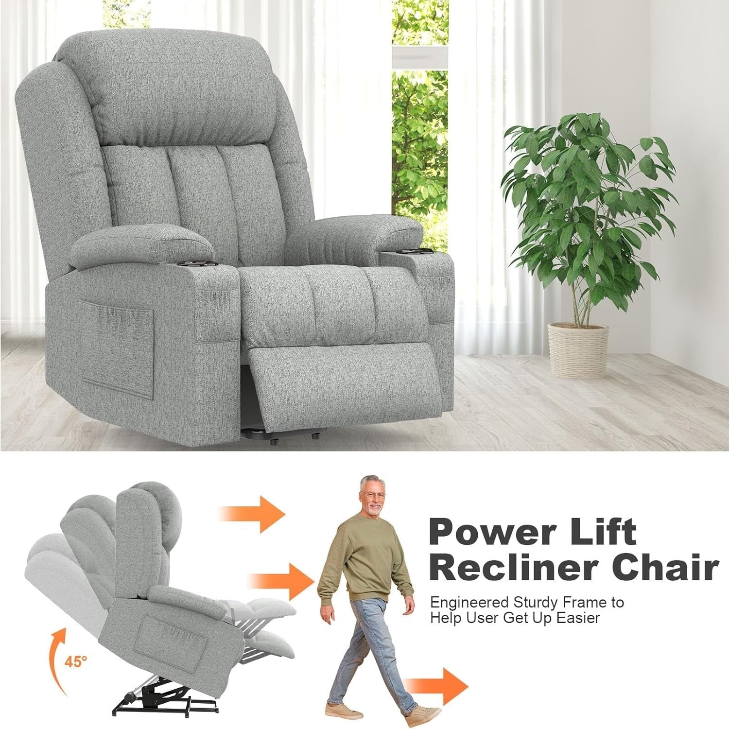 Power Lift Recliner Chair Massage Heat USB Ports Cup Holders Fabric Light Grey