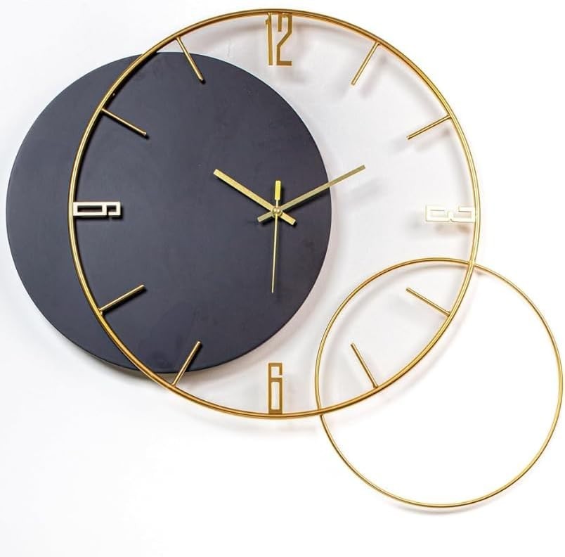 Oversized Black Gold Wall Clock Silent Non-Ticking Modern Metal Decor 67x60cm