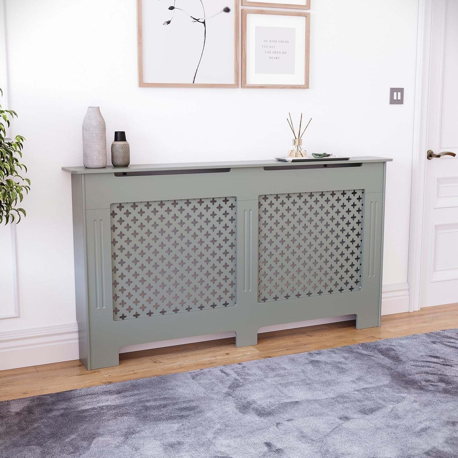 Olive Grey Radiator Cover Large Cross Design MDF Painted Modern Heat Efficient
